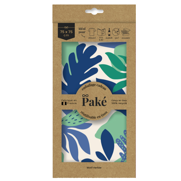 Emballage cadeau en tissu Herbier de la marque Paké. Technique Furoshiki.