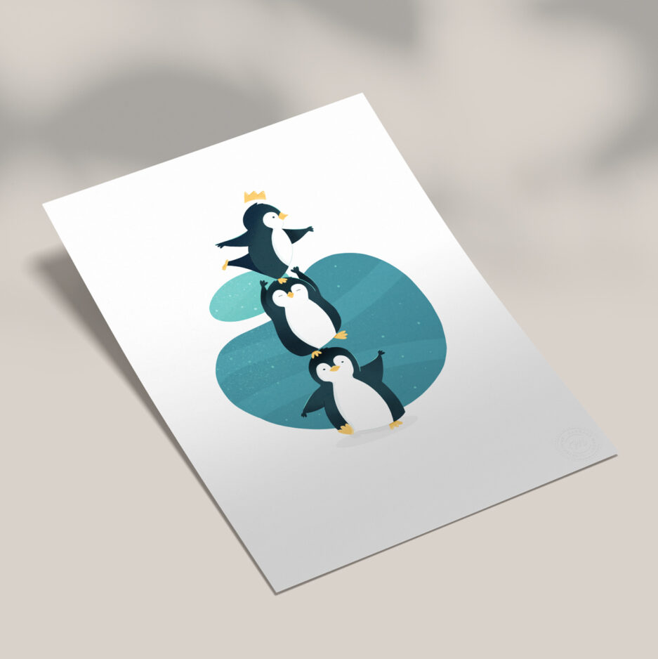 Affiche illustration enfant trio de pingouins